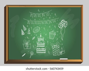 Set to celebrate a birthday on a chalkboard background. Party in the Birthday. holiday attributes. Vector illustration.