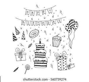 Set to celebrate a birthday on a white background. Party in the Birthday. holiday attributes. Vector illustration.