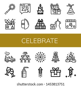 Set of celebrate icons such as Firework, Fireworks, Toast, Chocolate egg, Candle, Gift, Wedding gift, Bride dress, Party hat, th of july, Wedding car, Champagne, Alcohol , celebrate