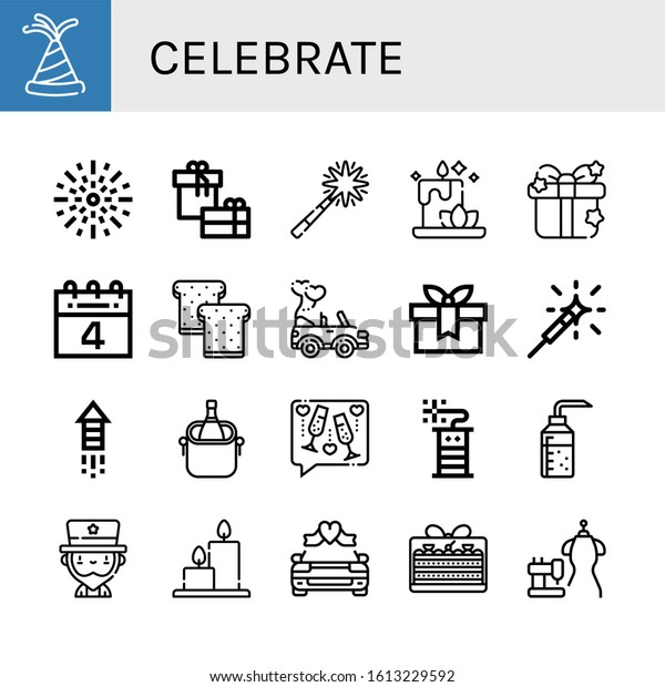Set of\
celebrate icons. Such as Party hat, Fireworks, Gift, Firework,\
Candle, th of july, Toast, Wedding car, Sparkler, Ice bucket,\
Firecracker, Alcohol, Uncle sam , celebrate\
icons