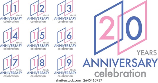 Conjunto de comemoração azul e rosa número 11 12 13 14 15 16 17 18 19 20. Os números estão no paralelogramo azul e rosa sobre um fundo branco com a palavra ANIVERSÁRIO DE ANOS de celebração.