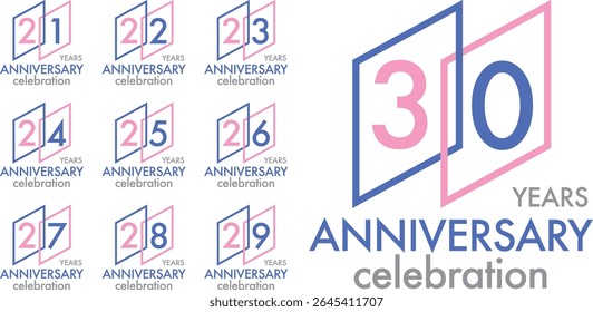 Set of Celebrating anniversary blue and pink number 21 22 23 24 25 26 27 28 29 30. The numbers are in the blue and pink parallelogram on a white background with word YEARS ANNIVERSARY celebration.
