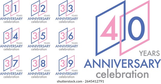 Set of Celebrating anniversary blue and pink number 31 32 33 34 35 36 37 38 39 40. The numbers are in the blue and pink parallelogram on a white background with word YEARS ANNIVERSARY celebration.