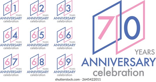 Set of Celebrating anniversary blue and pink number 61 62 63 64 65 66 67 68 69 70. The numbers are in the blue and pink parallelogram on a white background with word YEARS ANNIVERSARY celebration.