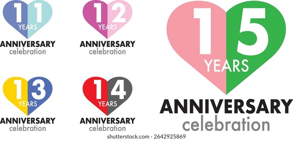 set of celebrating anniversary heart shape color number 11 12 13 14 15 on a white background with word YEARS ANNIVERSARY celebration at the bottom.