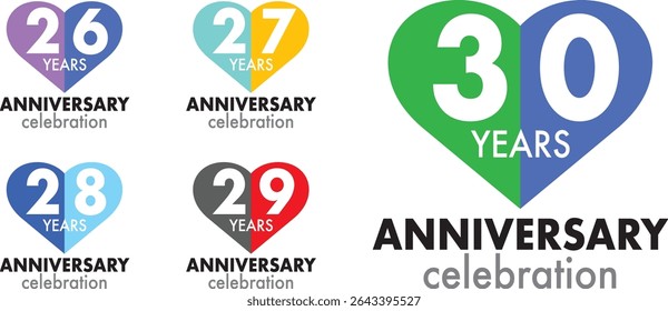 set of celebrating anniversary heart shape color number 26 27 28 29 30 on a white background with word YEARS ANNIVERSARY celebration at the bottom.