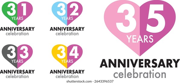 set of celebrating anniversary heart shape color number 31 32 33 34 35 on a white background with word YEARS ANNIVERSARY celebration at the bottom.