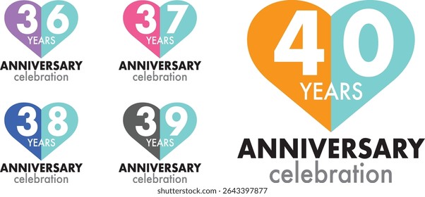 set of celebrating anniversary heart shape color number 36 37 38 39 40 on a white background with word YEARS ANNIVERSARY celebration at the bottom.