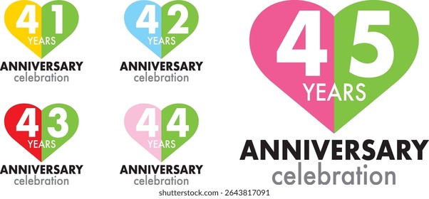 set of celebrating anniversary heart shape color number 41 42 43 44 45 on a white background with word YEARS ANNIVERSARY celebration at the bottom.