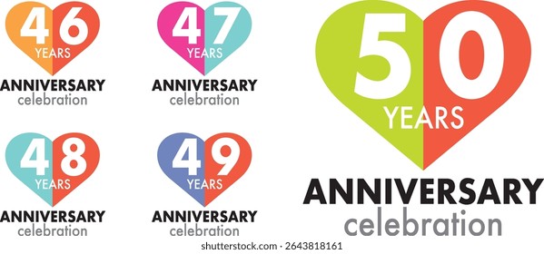 set of celebrating anniversary heart shape color number 46 47 48 49 50 on a white background with word YEARS ANNIVERSARY celebration at the bottom.