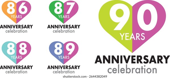 conjunto de comemoração de aniversário cor forma do coração número 86 87 88 89 90 em um fundo branco com palavra ANIVERSÁRIO comemoração na parte inferior.