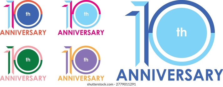 set of celebrating anniversary multi colors number 10 on a white background with word th ANNIVERSARY.