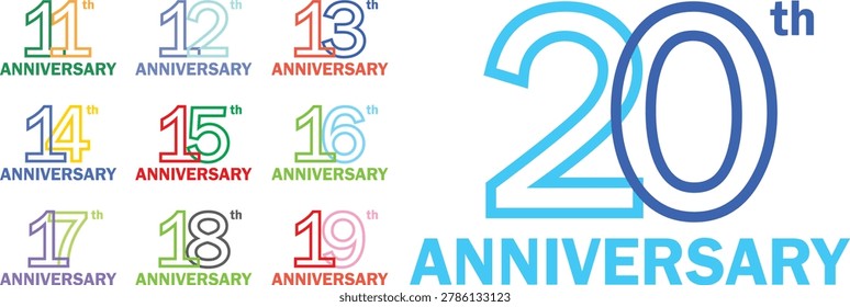 set of celebrating anniversary multi colors number 11 12 13 14 15 16 17 18 19 20 on a white background with word th ANNIVERSARY.