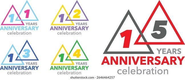 set of celebrating anniversary number 11 12 13 14 15. the numbers placed in the triangles on a white background. with word YEARS ANNIVERSARY celebration.