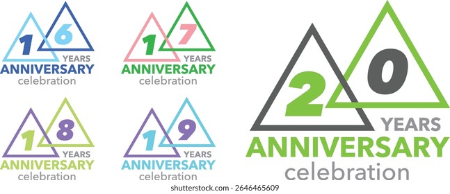 conjunto de comemoração de aniversário número 16 17 18 19 20. os números colocados nos triângulos sobre um fundo branco. com a palavra ANIVERSÁRIO ANOS celebração.