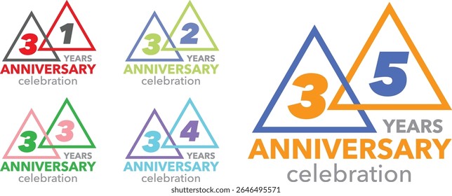 set of celebrating anniversary number 31 32 33 34 35. the numbers placed in the triangles on a white background. with word YEARS ANNIVERSARY celebration.