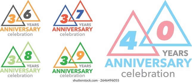 set of celebrating anniversary number 36 37 38 39 40. the numbers placed in the triangles on a white background. with word YEARS ANNIVERSARY celebration.