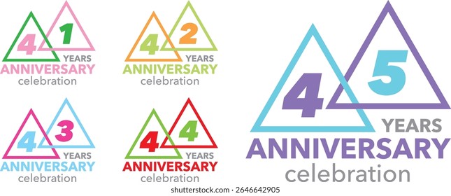 set of celebrating anniversary number 41 42 43 44 45. the numbers placed in the triangles on a white background. with word YEARS ANNIVERSARY celebration.