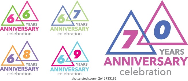 set of celebrating anniversary number 66 67 68 69 70. the numbers placed in the triangles on a white background. with word YEARS ANNIVERSARY celebration.