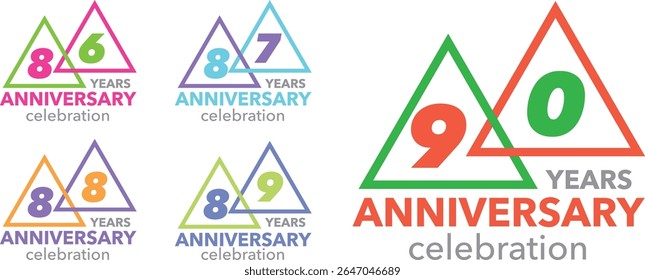 conjunto de comemoração número de aniversário 86 87 88 89 90. os números colocados nos triângulos em um fundo branco. com a palavra ANOS ANIVERSÁRIO celebração.