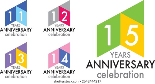 set of celebrating anniversary three squares color number 11 12 13 14 15 on a white background with word YEARS ANNIVERSARY celebration at the bottom.