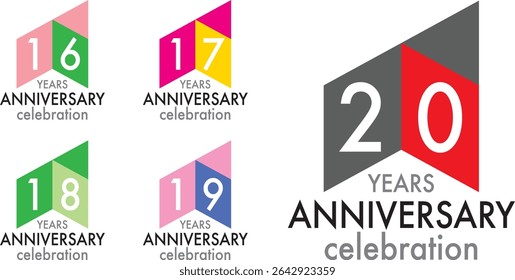 set of celebrating anniversary three squares color number 16 17 18 19 20 on a white background with word YEARS ANNIVERSARY celebration at the bottom.