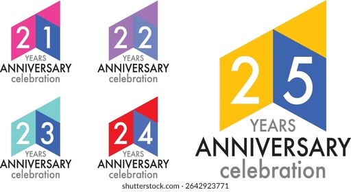 conjunto de comemoração aniversário três quadrados cor número 21 22 23 24 25 em um fundo branco com a palavra ANIVERSÁRIO de anos celebração na parte inferior.