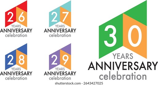 set of celebrating anniversary three squares color number 26 27 28 29 30 on a white background with word YEARS ANNIVERSARY celebration at the bottom.