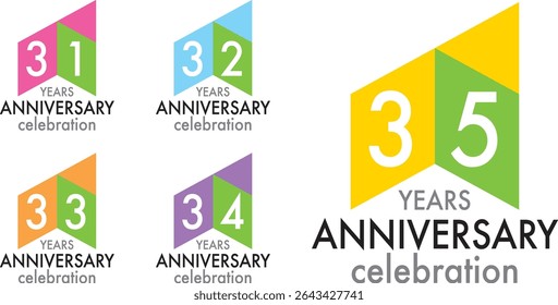 set of celebrating anniversary three squares color number 31 32 33 34 35 on a white background with word YEARS ANNIVERSARY celebration at the bottom.