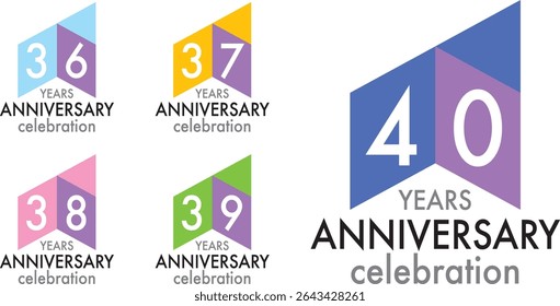 set of celebrating anniversary three squares color number 36 37 38 39 40 on a white background with word YEARS ANNIVERSARY celebration at the bottom.