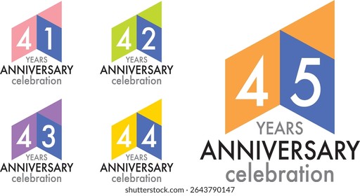 set of celebrating anniversary three squares color number 41 42 43 44 45 on a white background with word YEARS ANNIVERSARY celebration at the bottom.