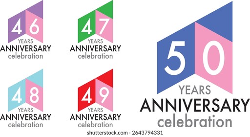 set of celebrating anniversary three squares color number 46 47 48 49 50 on a white background with word YEARS ANNIVERSARY celebration at the bottom.