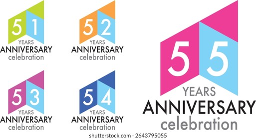 set of celebrating anniversary three squares color number 51 52 53 54 55 on a white background with word YEARS ANNIVERSARY celebration at the bottom.
