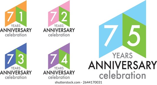 set of celebrating anniversary three squares color number 71 72 73 74 75 on a white background with word YEARS ANNIVERSARY celebration at the bottom.