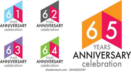 set of celebrating anniversary three squares color number 61 62 63 64 65 on a white background with word YEARS ANNIVERSARY celebration at the bottom.