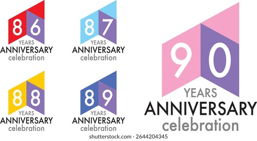 set of celebrating anniversary three squares color number 86 87 88 89 90 on a white background with word YEARS ANNIVERSARY celebration at the bottom.