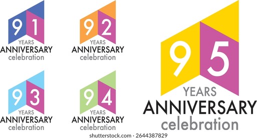 set of celebrating anniversary three squares color number 91 92 93 94 95 on a white background with word YEARS ANNIVERSARY celebration at the bottom.