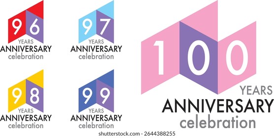 set of celebrating anniversary three squares color number 96 97 98 99 100 on a white background with word YEARS ANNIVERSARY celebration at the bottom.