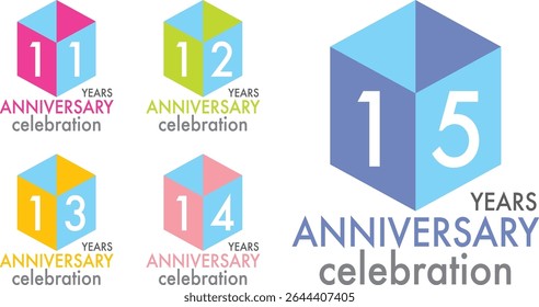 set of celebrating anniversary two squares and two triangle color number 11 12 13 14 15 on a white background with word YEARS ANNIVERSARY celebration at the bottom.