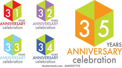 set of celebrating anniversary two squares and two triangle color number 31 32 33 34 35 on a white background with word YEARS ANNIVERSARY celebration at the bottom.
