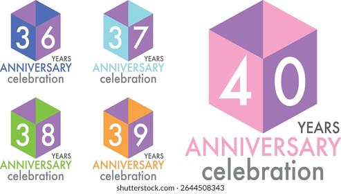 set of celebrating anniversary two squares and two triangle color number 36 37 38 39 40 on a white background with word YEARS ANNIVERSARY celebration at the bottom.