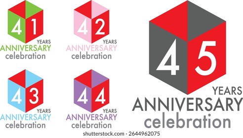 set of celebrating anniversary two squares and two triangle color number 41 42 43 44 45 on a white background with word YEARS ANNIVERSARY celebration at the bottom.