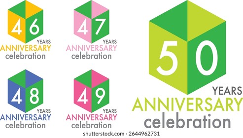 set of celebrating anniversary two squares and two triangle color number 46 47 48 49 50 on a white background with word YEARS ANNIVERSARY celebration at the bottom.