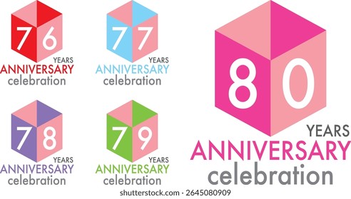 set of celebrating anniversary two squares and two triangle color number 76 77 78 79 80 on a white background with word YEARS ANNIVERSARY celebration at the bottom.