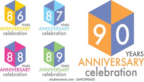 conjunto de comemoração de aniversário dois quadrados e dois número de cor triângulo 86 87 88 89 90 em um fundo branco com a palavra ANIVERSÁRIO ANOS celebração na parte inferior.