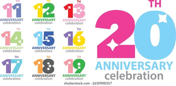 conjunto de comemoração de aniversário várias cores número 11 12 13 14 15 16 17 18 19 20 em um fundo branco com a palavra TH comemoração ANIVERSÁRIO.
