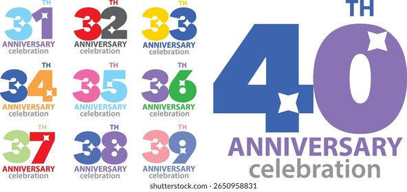 set of celebrando aniversário várias cores número 31 32 33 34 35 36 37 38 39 40 em um fundo branco com a palavra TH comemoração ANIVERSÁRIO.