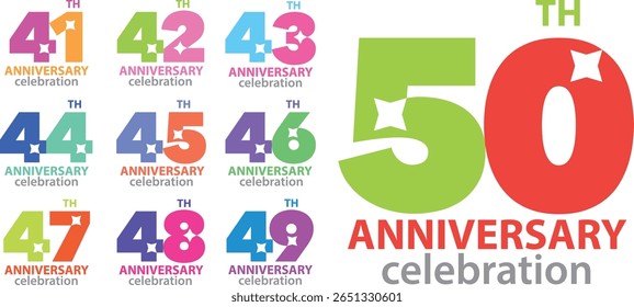 set of celebrating anniversary various color number 41 42 43 44 45 46 47 48 49 50 on a white background with word TH ANNIVERSARY celebration.