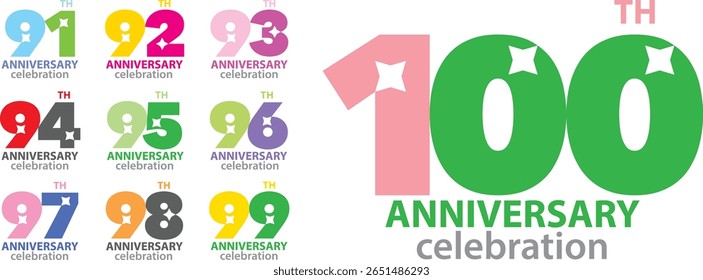 set of celebrando aniversário várias cores número 91 92 93 94 95 96 97 98 99 100 em um fundo branco com a palavra TH comemoração ANIVERSÁRIO.