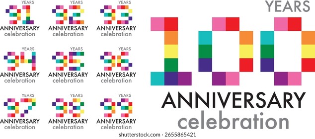 set of celebrating anniversary various square color number 91 92 93 94 95 96 97 98 99 100 on a white background with word YEARS ANNIVERSARY celebration.